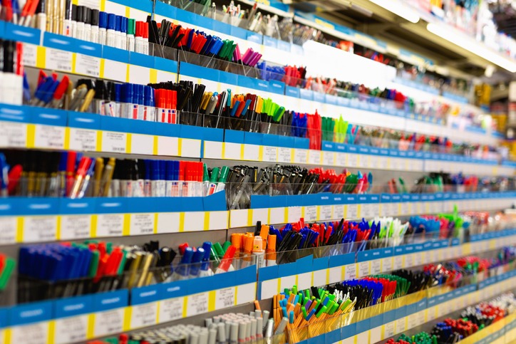 Colorful pen shelves in office supply