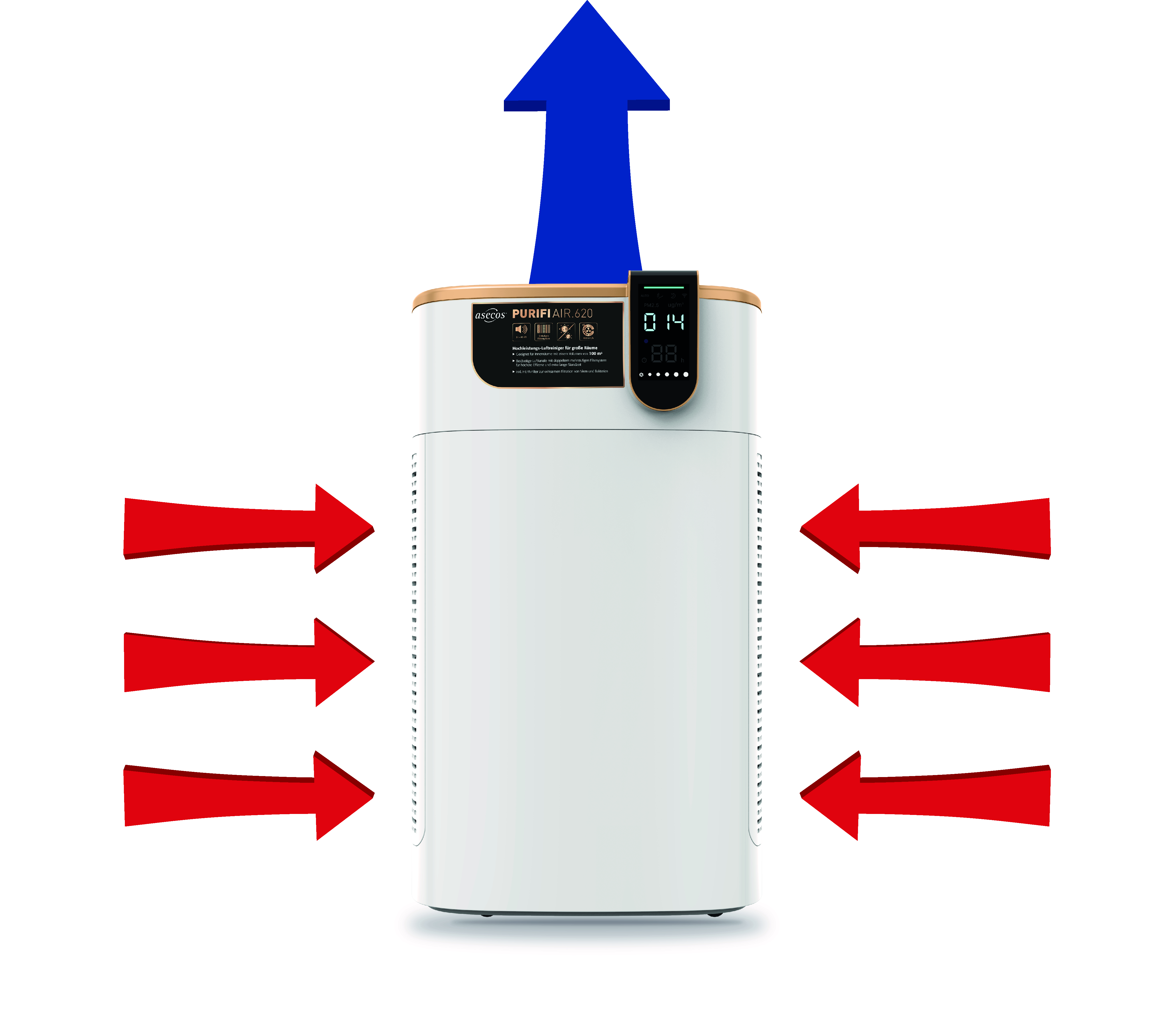 A white air purifier with arrows indicating air in and out